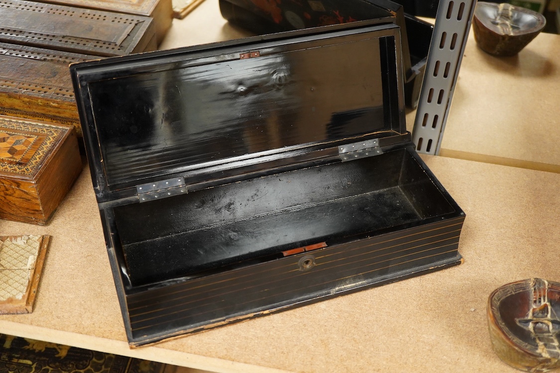 A Japanese lacquer box and a horn carving, box 30cm wide
